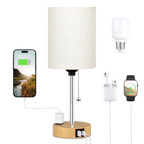 Small Bedside Lamp for Bedroom Nightstand - Table Lamp with USB C and A Port, Pull Chain Bed Lamps with AC Outlet, Wood Base Night Stand Lights for Kids Reading, Desk Lamp for Living Room/Dorm Room - color: Wood, size: 14.6 in