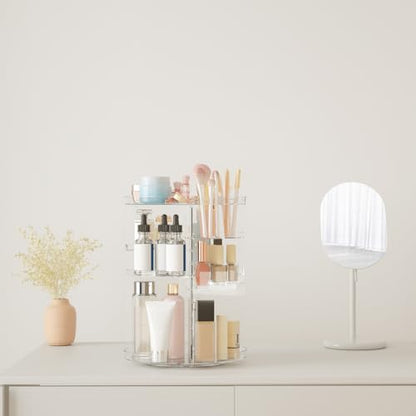 Rotating Makeup Organizer, DIY 8 Adjustable Layers Spinning Skincare Storage, Cosmetic Display Case with Brush Holder and Perfume Tray, Multi-Function Vanity Bathroom Countertop Organizer Clear - color: Clear