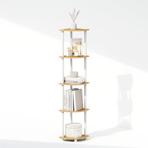 Furinno Turn-N-Tube Storage Shelves, 5-Tier Book Shelf, Corner Shelf with Open Shelves, Toollesss Assembly, for Organization and Storage, Living Room, Home Office, Hallway, Bedroom, Light Beech - color: Light Beech/Plain White