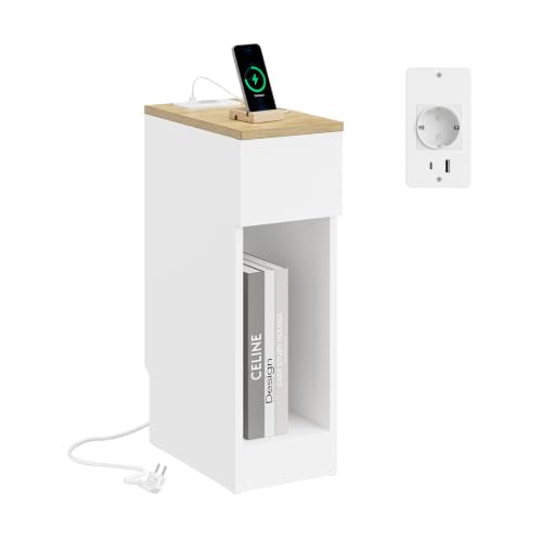 SoBuy Narrow Nightstand with Charging Station, Slim Bedside Table with Drawers, USB & Type-C Ports for Dorm Bedroom and Living Room, White, FBT111-E-WN | FBT111-E-WN Narrow Bedside Table for Bedroom, Living Room and Small Spaces, White - color: White