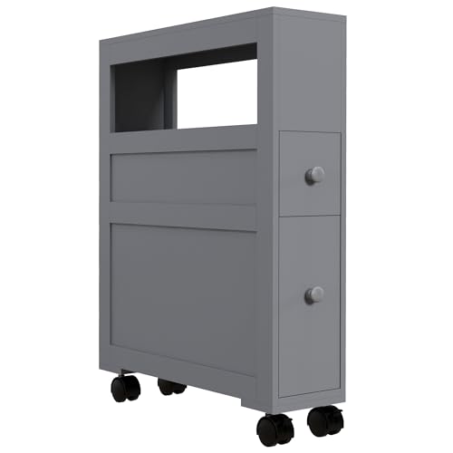 HOMCOM 6.25" x 20.5" x 28.25" Wood Rolling Narrow Bathroom Side Storage Cabinet - Gray - color: Grey