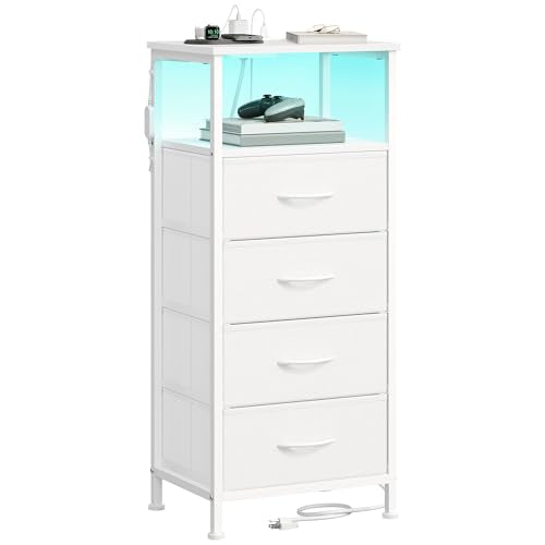 SONGMICS BELLAH Collection - Nightstand with Charging Station and App-Controlled Adjustable LED Lights, Bed Side Table, 4 Drawers and 1 Open Shelf, Modern, Cloud White and Snow White ULGS304WH01S - color: Cloud White + Snow White, size: 4 Drawers