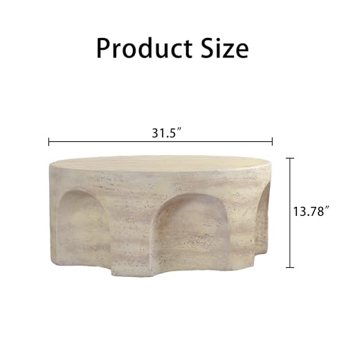 Round Marble Coffee Table 31.5" Faux Stone Coffee Table for Living Room, Modern Travertine Center Table, Magnesium Oxide, No Assembly, Beige - color: Faux Stone-arched Deco-beige