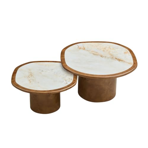 Curved Round Coffee Table Set of 2 with Sintered Stone Tabletop for Living Room, Modern Mid-Century Retro Pedestal Nesting Coffee Table, Burl Wood Veneer, Walnut, 2-Pcs - color: 2-pcs-walnut