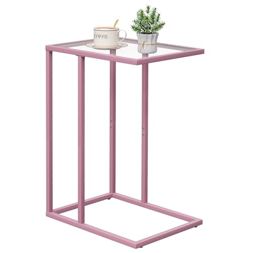 C Shaped End Table, Side End Tables for Living Room,Glass Sofa Couch Table with Metal Frame, Small Tv Tray Snack Dinner Table for Bedroom, Small Spaces, Easy Assembly (Pink) - color: Pink