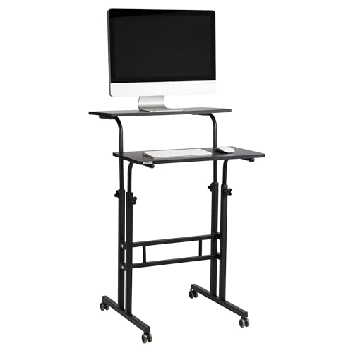 Mind Reader Standing Desk, Adjustable Height Laptop Workstation, Portable Rolling Desk on Wheels, Two-Tier Metal Frame, Black - color: Black