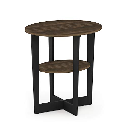 Furinno JAYA Side Table, 2-Tier Round Modern End Table with Oval Tabletop, Night Stand, Bedside Table with Open Shelf, for Living Room, Bedroom, Columbia Walnut - color: Columbia Walnut/Black, size: 1-Pack, 2 Tiers, Oval Panel