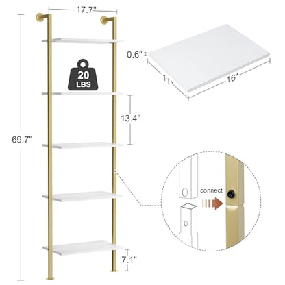 Acovy 5-Tier Bookshelf Solid Wood Ladder Shelf, Narrow Book Shelf Display Shelf, Wooden Bookcase, Wall Mount Ladder Shelf, Storage Rack for Living Room, Bedroom, Bathroom, White and Gold - color: White&gold