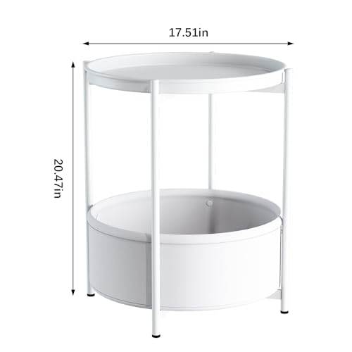 Garden 4 you Side Table with Fabric Storage Basket, Round Metal End Table, Small Bedside Table Nightstand with Removable Tray, for Nursery, Living Room, Bedroom, Bathroom, White - color: White