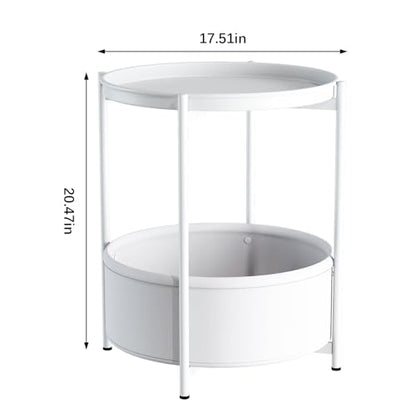 Garden 4 you Side Table with Fabric Storage Basket, Round Metal End Table, Small Bedside Table Nightstand with Removable Tray, for Nursery, Living Room, Bedroom, Bathroom, White - color: White