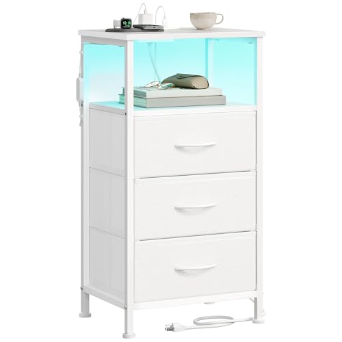 SONGMICS BELLAH Collection - Nightstand with Charging Station and App-Controlled Adjustable LED Lights, Bed Side Table, 3 Drawers and 1 Open Shelf, Modern, Cloud White and Snow White ULGS303WH01S - color: Cloud White + Snow White, size: 3 Drawers