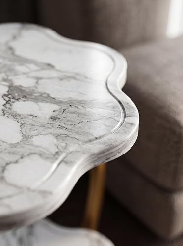 2 Layers Flower Shape Marble Texture Small C-Shaped Side Table,Snack Side Table, End Table for Sofa SideTable,Bedside Table for Living Room Kitchen Garden Bedroom - color: White+gold