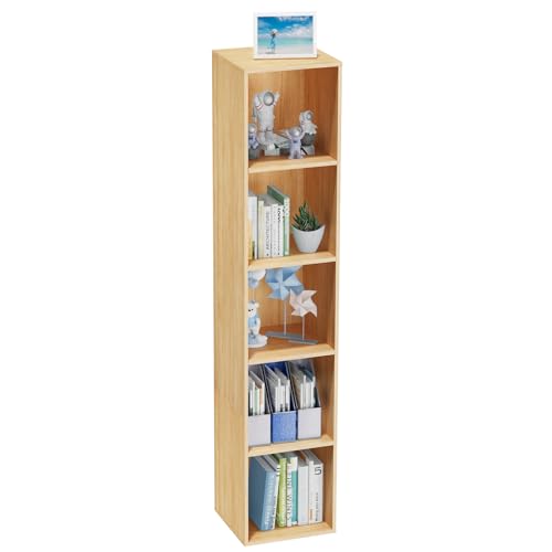 5 Tier Bookshelf, Open Tall Narrow Floor Standing Bookcase, Wooden Book Shelf Display Organizer for Home Office, Study (Oak, 5 Cube) - color: Oak, size: 5-Cube