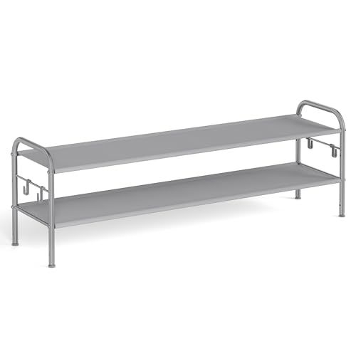 SONGMICS Shoe Rack, 2-Tier Shoe Organizer, Fabric Shoe Shelf Storage with 4 Hooks, Holds up to 12 Pairs of Shoes, Height-Adjustable Shoe Rack for Entryway, Hallway, Closet, Easy Assembly, Dove Gray - color: Dove Gray, size: 2 Tier (13.7"H)