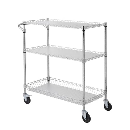 VEVOR Kitchen Utility Cart, 3 Tiers, Wire Rolling Table with 661 LBS Capacity, Steel Service Desk on Wheels, Metal Storage Trolley with 80 mm Deep Basket Curved Handle PP Liner 6 Hooks - size: 18"D x 35"W x 40.9"H