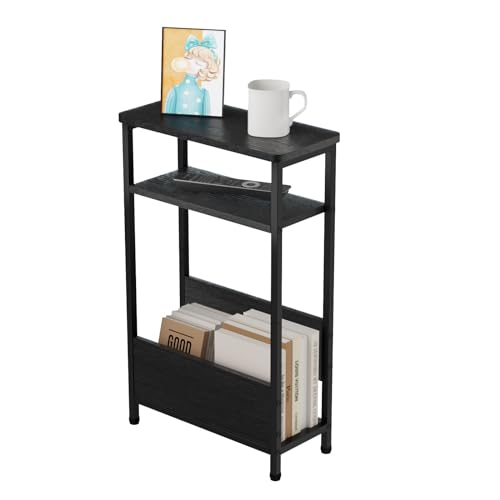 THUMEYE 7.1" Narrow Side Table for Small Spaces, 3 Tier Small End Table with Magazine Holder, Slim/Skinny Nightstand/Bedside Table for Living Room, Bedroom, 15.4" L x 24.2" H, Black - color: Black