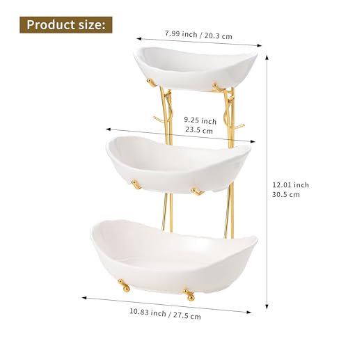 Elegant 3-Tier Ceramic Serving Bowl Set with Gold Stand, White Decorative Display Bowls for Fruits, Desserts, Appetizers