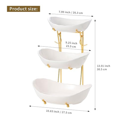 Elegant 3-Tier Ceramic Serving Bowl Set with Gold Stand, White Decorative Display Bowls for Fruits, Desserts, Appetizers