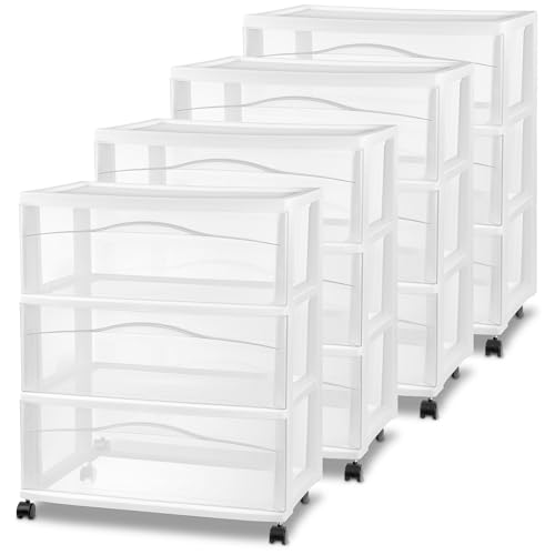 Sterilite 4 Pack Wide 3 Drawer Storage Cart, Plastic Organizer with Wheels, White - Multipurpose Bin for Clothes, Accessories, or Home Accessories - color: White, size: 4-Pack