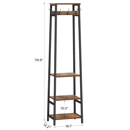 Coat Rack Freestanding, Coat Stand with 3 Shelves and 7 Hooks, Hall Tree Free Standing, Clothes Rack Stand Organizer, Industrial Style, Rustic Brown and Black - color: Rustic Brown and Black, style: 3 Shelves