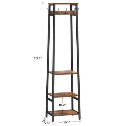 Coat Rack Freestanding, Coat Stand with 3 Shelves and 7 Hooks, Hall Tree Free Standing, Clothes Rack Stand Organizer, Industrial Style, Rustic Brown and Black - color: Rustic Brown and Black, style: 3 Shelves