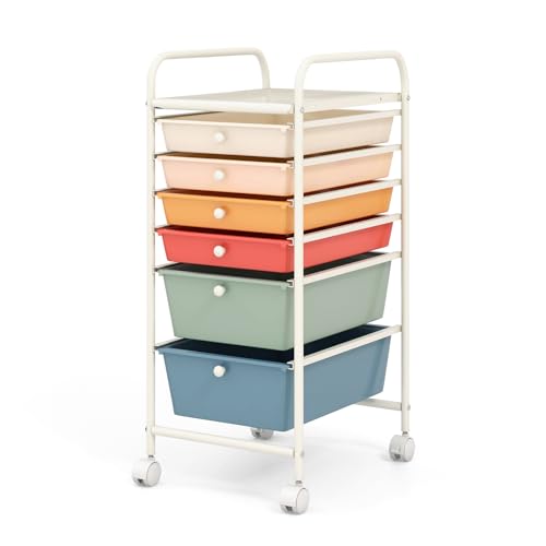 COSTWAY 6-Drawer Rolling Storage Cart, Art Craft Tools Organizer on Wheels | Multifunctional Heavy Duty Utility Mobile Storage Trolley w/ 2 Lockable Wheels for Home Office School (Macaron) - color: Macaron, size: 6 Drawer