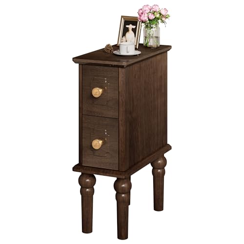 Solid Wood End Table, Walnut Narrow Side Table with Drawers, Small Nightstand Skiny Beside Table for Small Space, Living Room, Bedroom, 8" Width