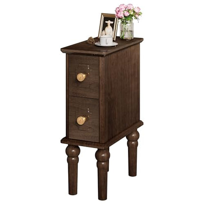 Solid Wood End Table, Walnut Narrow Side Table with Drawers, Small Nightstand Skiny Beside Table for Small Space, Living Room, Bedroom, 8" Width