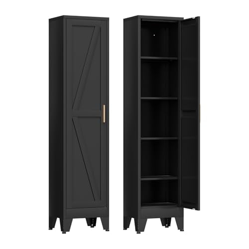 COFaR 67'' Tall Narrow Bathroom Storage Cabinet, Metal Farmhouse Skinny Pantry Cabinet with 4 Adjustable Shelves and One Door, Slim Cabinet Storage for Kitchen Garage, 5-Tier Black - color: Black, size: 67 Tall Single Door-Farmhouse