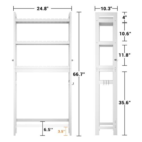 Homykic Over The Toilet Storage, Bamboo Over Toilet Bathroom Organizer Rack, Freestanding Bathroom Shelves Above Toilet Storage with 3 Hooks, Bathroom Space Saver, No Rust, Easy to Assemble, White - color: White