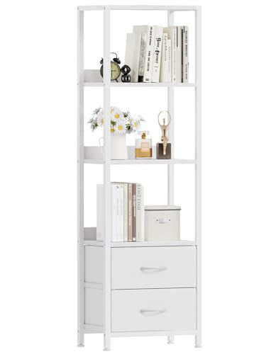 4-Tier Corner Shelf,White Narrow Bookshelf with 2 Storage Drawers | Wood Display Shelves for Bedroom,Living Room,57.28”Tall Corner Cabinet with Fabric Bins & Metal Frame,Easy to Assemble - color: White, size: 4 Tier