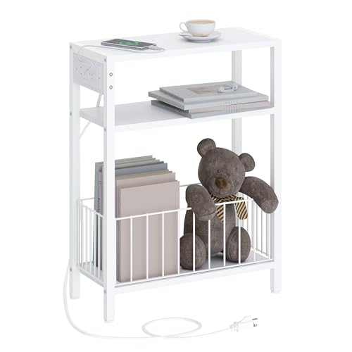 TRIFEBLE Narrow Side Table with Charging Station, Small End Table for Small Spaces, Slim Nightstand with Storage Basket, 3 Tier Skinny Bedside Table for Living Room, Bedroom, White - color: White, style: With Basket & Power