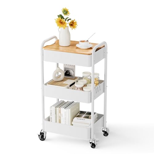 3 Tier Rolling Cart with Table top, Metal Rolling Utility Cart on Wheels, Sturdy Storage Organizer Cart with Hooks for Office, Classroom, Kitchen and Bathroom (White) - color: White