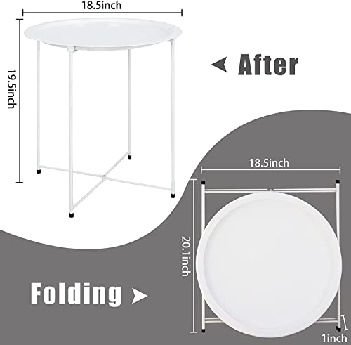 Garden 4 you End Table Metal Side Table Round Folding Tray Cyan Sofa Small Accent Fold-able Table, Round End Table Tray, Next to Sofa Table, Snack Table for Living Room and Bed Room,White - color: White