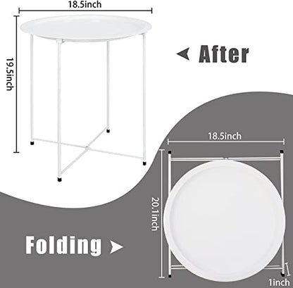 Garden 4 you End Table Metal Side Table Round Folding Tray Cyan Sofa Small Accent Fold-able Table, Round End Table Tray, Next to Sofa Table, Snack Table for Living Room and Bed Room,White - color: White