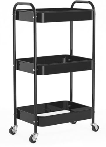 3-Tier Rolling Utility Cart with Ergonomic Handles and Mesh Bottom - Metal Storage Organizer Mobile Shelf Unit on Wheels for Kitchen, Bathroom, Office, Pantry, and Nursery, Black