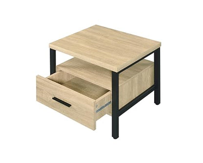 Industrial Bedside Table: 1 Drawer & Open Shelf Nightstand - Oak & Black Metal Frame for Loft Style Bedroom & Studio Use