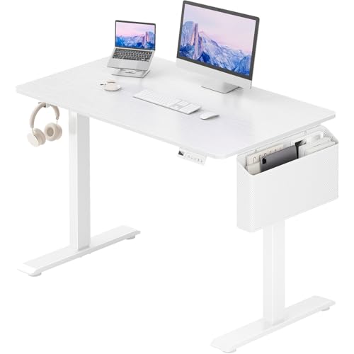 White Electric Sit To Stand Desk - 40 Inch Small Computer Desk Adjustable Height for Work Study Writing, Compact Sit Stand up Desks Table Workstation for Small Space Adult Boy Girl Home Office Bedroom - size: 39.4''