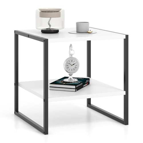 Giantex 20 Inch End Table, Modern Square Side Table with Storage Shelf, Small Coffee Table for Living Room, Wood Bedside Table, 2-Tier Nightstand for Bedroom, Easy Assembly, White (1)