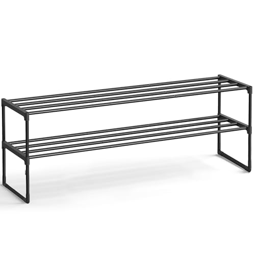 SONGMICS Shoe Rack, 2-Tier Shoe Organizer, Metal Storage Shelf, Upright or Upside Down, for 15-18 Pairs, Stackable, for Entryway, 11.8 x 46.1 x 14 Inches, Black ULSA032B01 - color: Black, size: 2 Tiers (46.1"W)