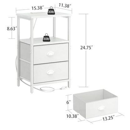 sthmec Nightstand with Charging Station, LED Night Stand Set 2, Bedside Table End Tables Set of 2, Bedroom Tables with 2 Fabric Drawers PU Finish, 3-Tier Storage Side Table for Bedroom,White - color: White