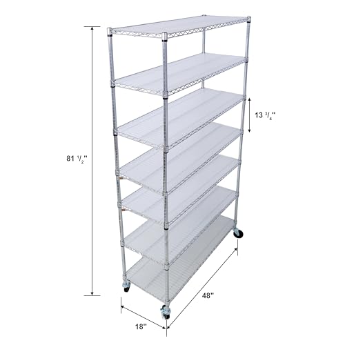 7-Tier Shelf, Adjustable Wire Metal Rack Shelving, Heavy Duty Standing Storage Shelves, Garage, Kitchen, Office, Bathroom, Shelfs Easy Assembly, 48" W x 18" D x 82" H Wheels, Chrome - color: Chrome, size: 7-tier 48"W x 18"D x 81.5"H Wheels