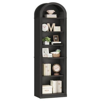 RALGEND Arched Bookshelf, 75.8" Tall Narrow Bookshelf, Arch Bookcase with Storage, 6-Tier Farmhouse Book Shelf, Wooden Arched Cabinet with Open Display Shelves, Adjustable Shelf, Black - color: Black, size: 18.9"L x 11.8"W x 75.8"H