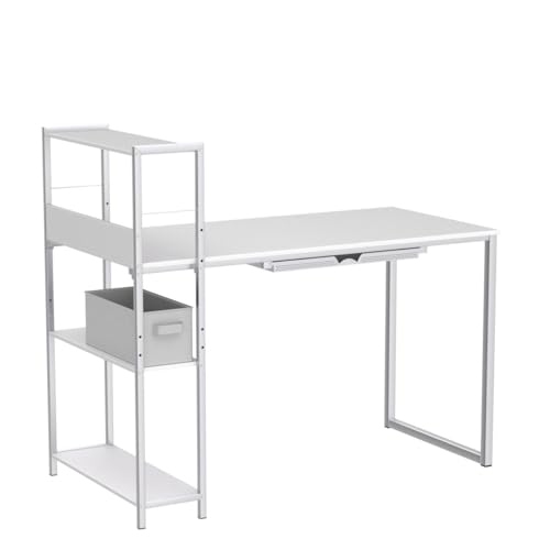 SHW 46-Inch Home Office Computer Desk w/Side Shelf & Drawer, White | w/ Reversible Adjustable Shelf | Drawer with adjustable compartments - color: White