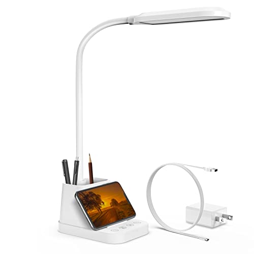 AXX White LED Desk Lamp with USB Charging Port, Flexible Gooseneck Table Light, 650LM, Phone Mount, Pen Holder, Timer Settings, Study Essentials for College Dorm Room Home Office Bedroom - color: White