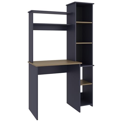 Tuhome Versalles Writing Desk with Hutch & Side Bookcase, Tall 63.9" Vertical Computer Desk, 5 Open Shelves Home Office Desk, Space-Saving Small Desk, Engineered Wood - color: Natural Oak, Blue