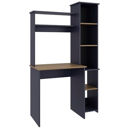 Tuhome Versalles Writing Desk with Hutch & Side Bookcase, Tall 63.9" Vertical Computer Desk, 5 Open Shelves Home Office Desk, Space-Saving Small Desk, Engineered Wood - color: Natural Oak, Blue