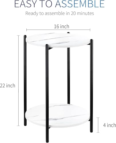 Faux Marble End Table White Black Side Table Marble Nightstand for Living Room or Bedroom Modern Accent Table with Black Metal Frame (1 pcs Black, Round) - color: 1 Pcs Black