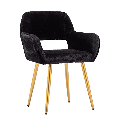 KCC Desk Chair No Wheels Makeup Vanity Chair for Living Room,1PC,Black | Faux Fur Chair Modern Dining Room Arm Chairs Mid-Century Accent Upholstered Club Guest Chair with Metal Tube Legs for Kitchen - color: Black+faux Fur, size: 1 PC