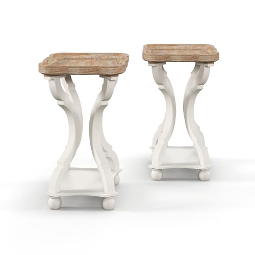 Accent Wood Farmhouse End Table Side Tables Nightstand Natural Tray Top and Distressed Carved Legs for Bedroom Living Room, White (2 PCS) - size: 2-pcs, style: Rectangle